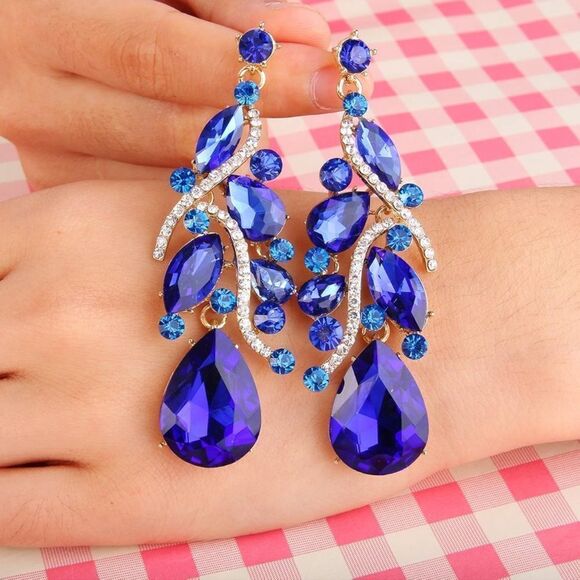 Blue Crystal Chandelier Earrings: Teardrop Sapphire Prom  Yellow Gold with Sapphire Blue Austrian Crystal Teardrop Chandelier Earrings